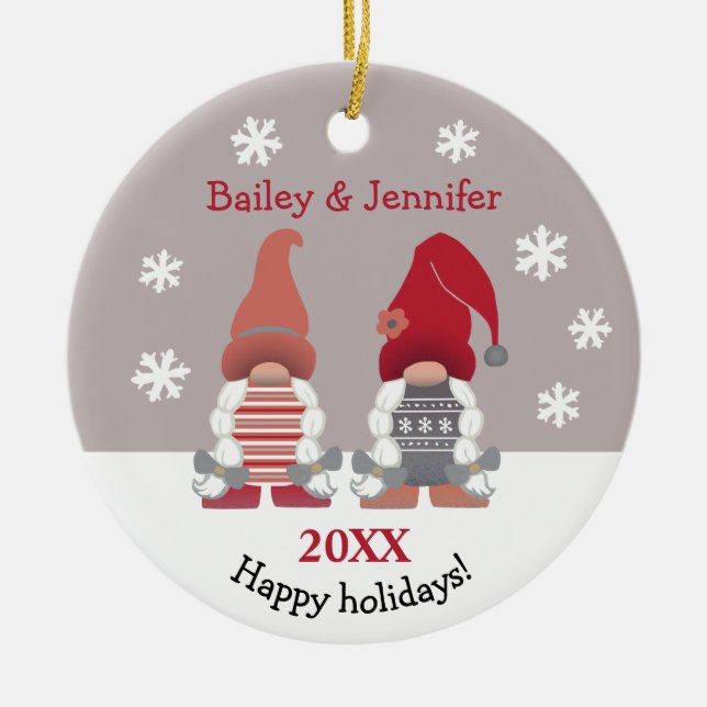 Cute Gnomes Happy Holidays Nordic Red Pink Gray Ceramic Ornament (Front)