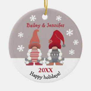 Cute Gnomes Happy Holidays Nordic Red Pink Grey Ceramic Ornament