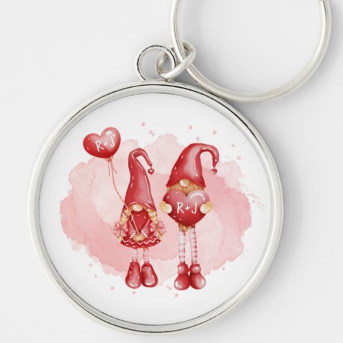 Cute Gnomes Initials Hearts Custom Valentines Day Keychain