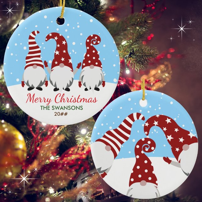 Cute Gnomes Merry Christmas Personalized Ceramic Ornament (Available in multiple shapes and types of ornaments. Customize with name & year. Merry Christmas!)