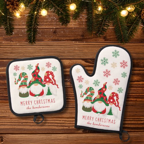 Cute Gnomes Merry Christmas Personalized Oven Mitt  Pot Holder Set