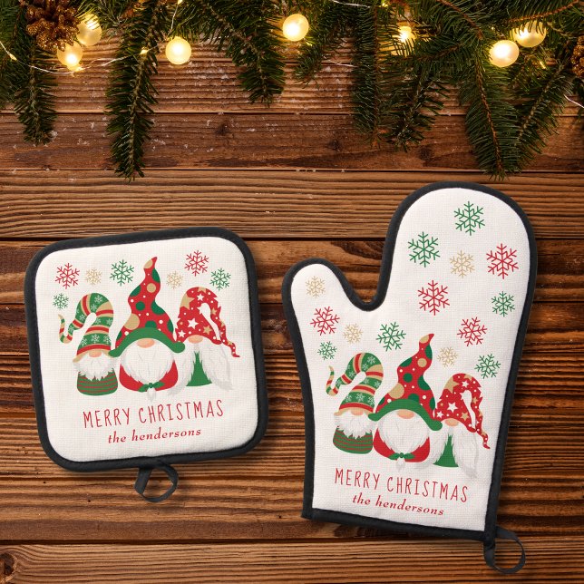 Cute Gnomes Merry Christmas Personalized Oven Mitt & Pot Holder Set (Creator Uploaded)