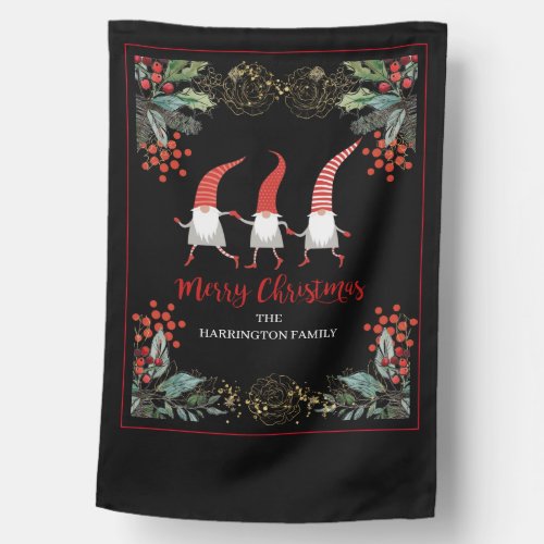 Cute Gnomes Merry Christmas Red On Black House Flag