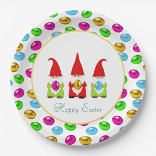 Cute Gnomes & Multicolored Easter Eggs Paper Plates