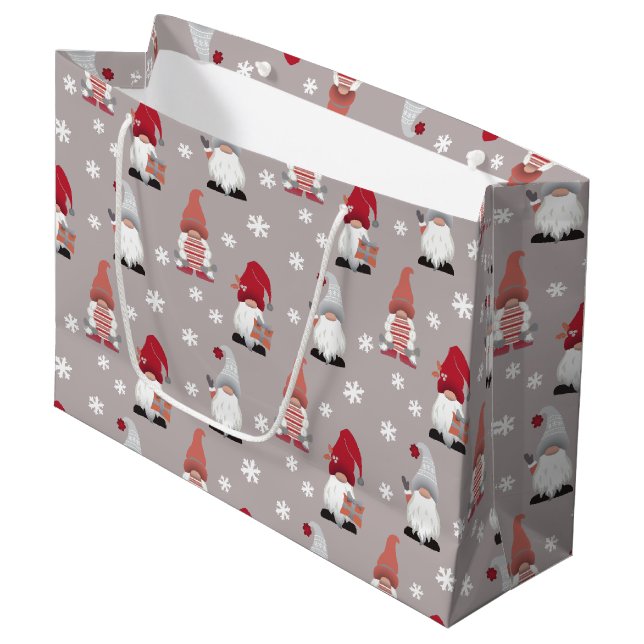 Cute Gnomes Nordic Winter Gray Pink Red Large Gift Bag (Front Angled)