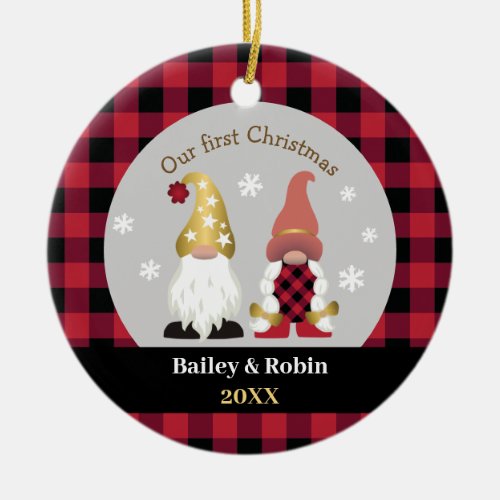 Cute Gnomes Our First Christmas Buffalo Plaid Cera Ceramic Ornament