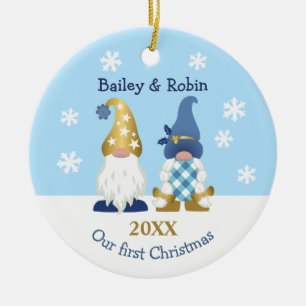 Cute Gnomes Our First Christmas Gold Blue Gingham Ceramic Ornament
