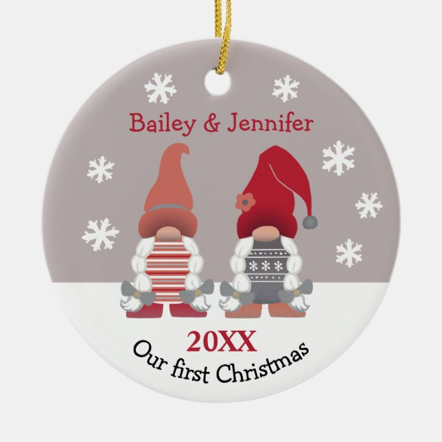 Cute Gnomes Our First Christmas Red Pink Gray Ceramic Ornament (Front)