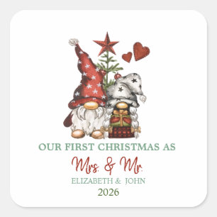 Cute Gnomes Pine Tree Our First Christmas Square Sticker