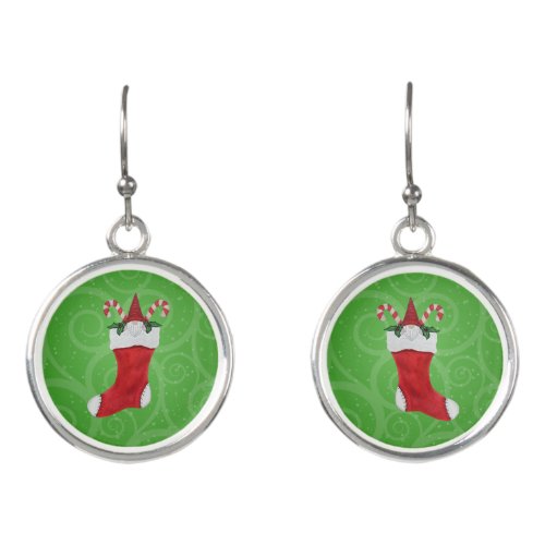 Cute Gnomes Red Hats in Christmas Stocking Green Earrings