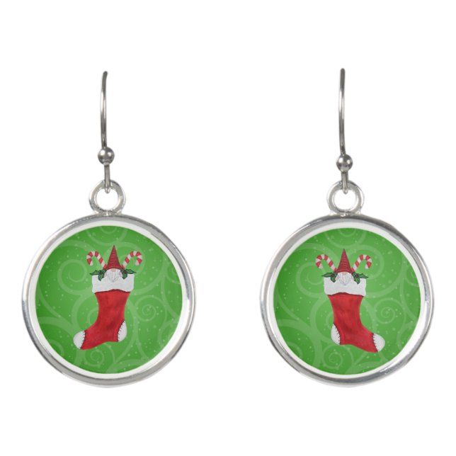 Cute Gnomes Red Hats in Christmas Stocking Green Earrings (Front)