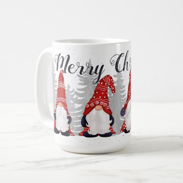 Cute Gnomes Red Hats Merry Christmas Script 15oz Coffee Mug (Front Left)