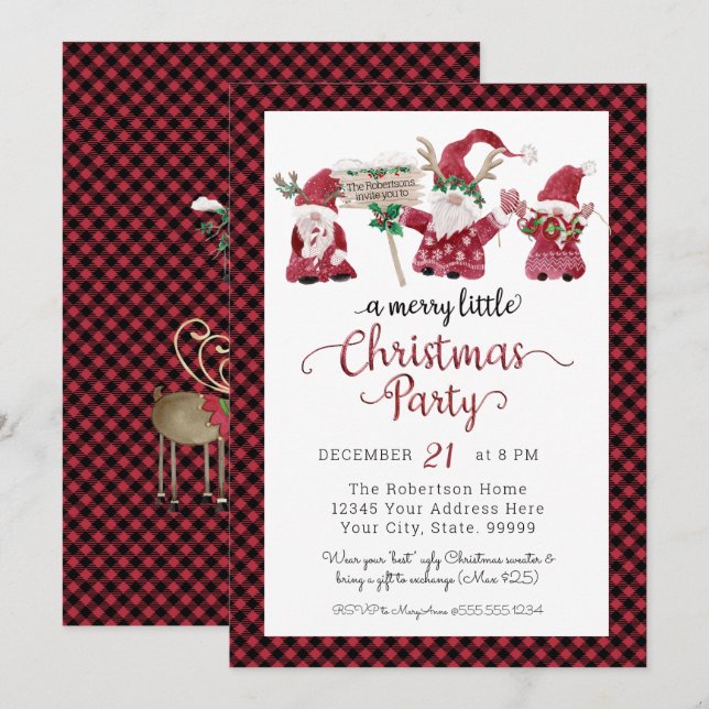 Cute Gnomes Reindeer Merry Little Christmas Party Holiday Card (Front/Back)