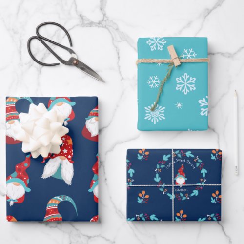Cute Gnomes Snowflakes Floral Wreath Blue Add Name Wrapping Paper Sheets