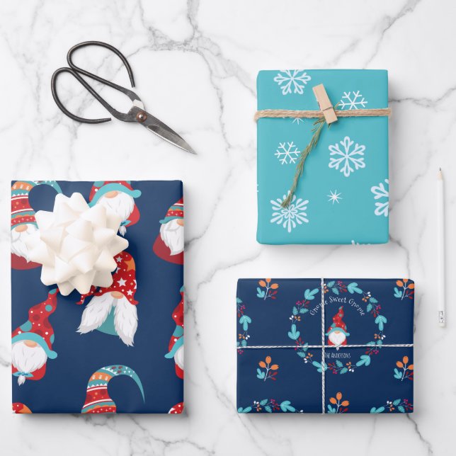 Cute Gnomes Snowflakes Floral Wreath Blue Add Name Wrapping Paper Sheets (Front)