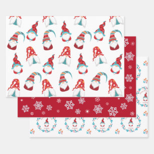 Cute Gnomes Snowflakes Floral Wreath Custom Name Wrapping Paper Sheets