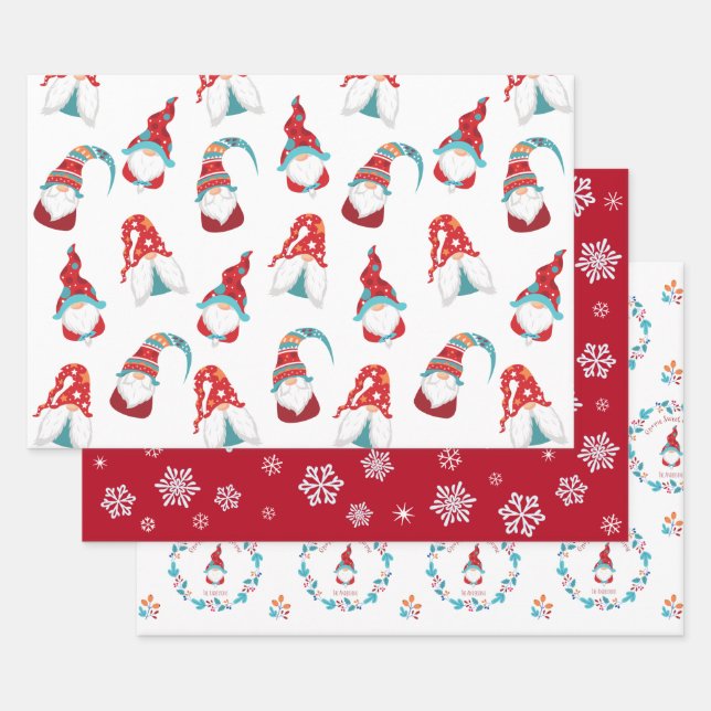 Cute Gnomes Snowflakes Floral Wreath Custom Name Wrapping Paper Sheets (Set)