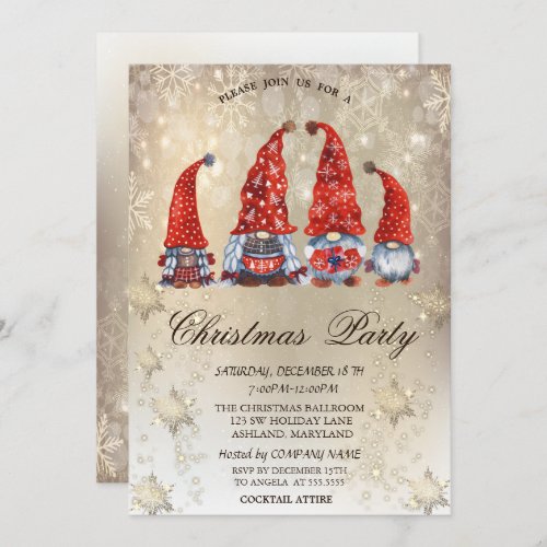 Cute Gnomes Snowflakes Gold Party  Invitation