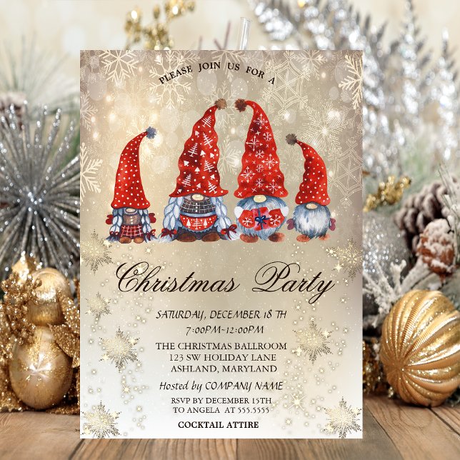 Cute Gnomes Snowflakes Gold Party  Invitation (Creator Uploaded)