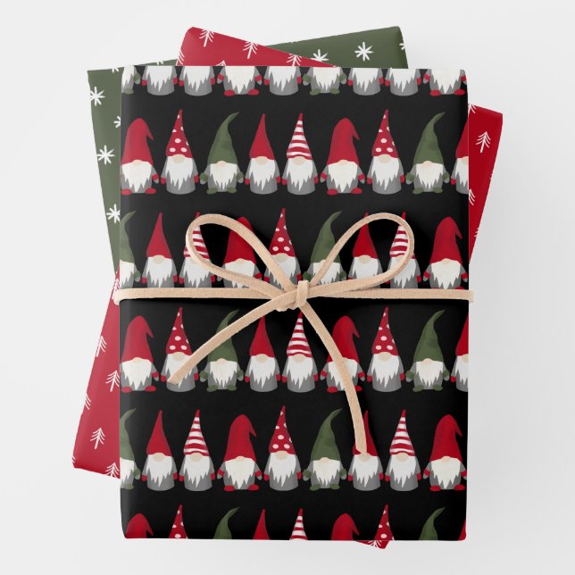 Cute Gnomes Trees and Snowflakes Christmas Wrapping Paper Sheets (In situ)