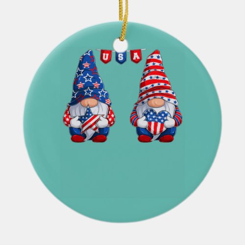 Cute gnomes USA American Flag Patriotic 4th of Ceramic Ornament