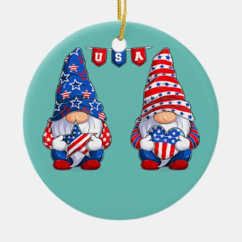 Cute gnomes USA American Flag Patriotic 4th of Ceramic Ornament