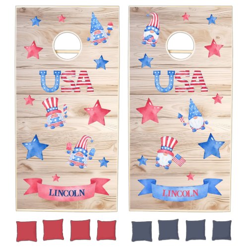 Cute Gnomes USA Custom Monogram Name Cornhole Set