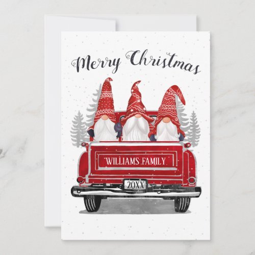 Cute Gnomes Vintage Red Truck Merry Christmas Name Holiday Card