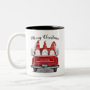 Cute Gnomes Vintage Red Truck Merry Christmas Name Two-Tone Coffee Mug