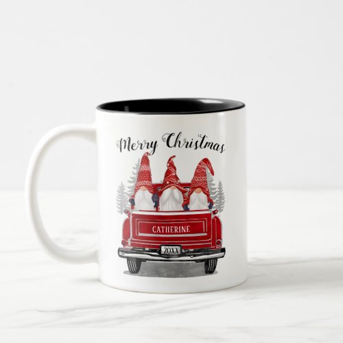 Cute Gnomes Vintage Red Truck Merry Christmas Name Two_Tone Coffee Mug