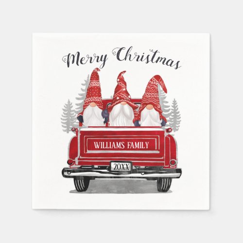 Cute Gnomes Vintage Red Truck Merry Christmas Napkins