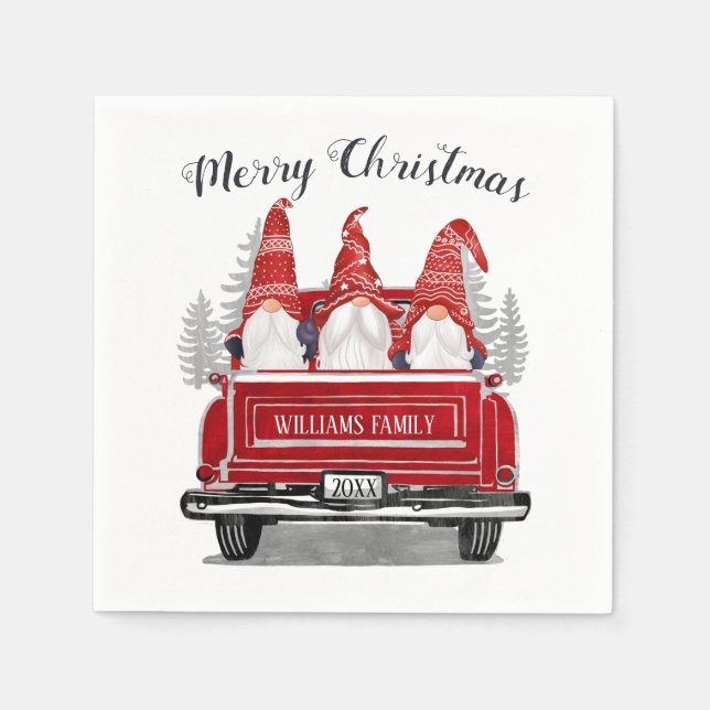 Cute Gnomes Vintage Red Truck Merry Christmas Napkins (Front)