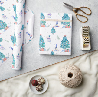 Cute Gnomes Watercolor Blue Christmas Snowy Tree Wrapping Paper