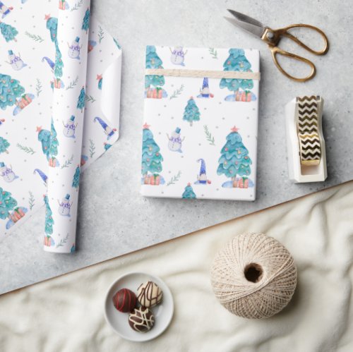 Cute Gnomes Watercolor Blue Christmas Snowy Tree  Wrapping Paper