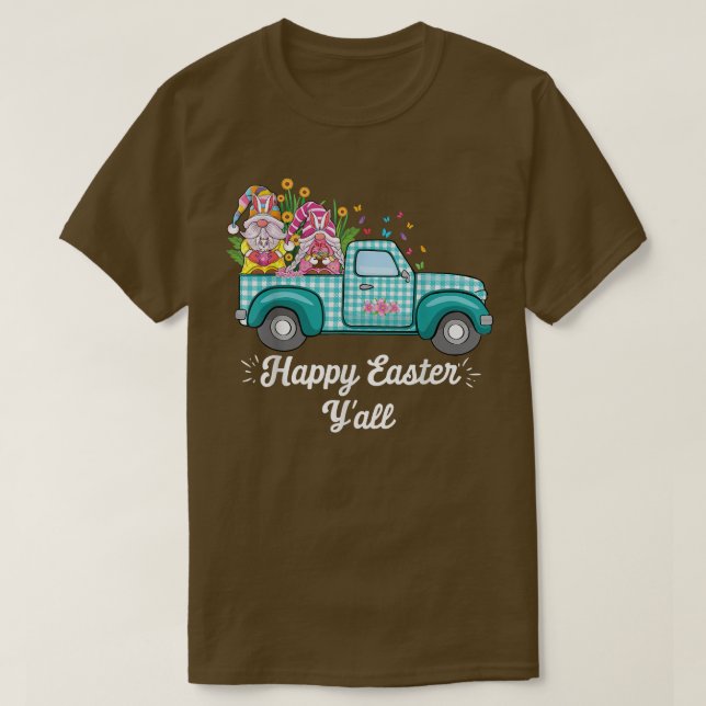 Cute Gnomes With Bunny Ears Egg Hunting Truck East T-Shirt (Design Front)
