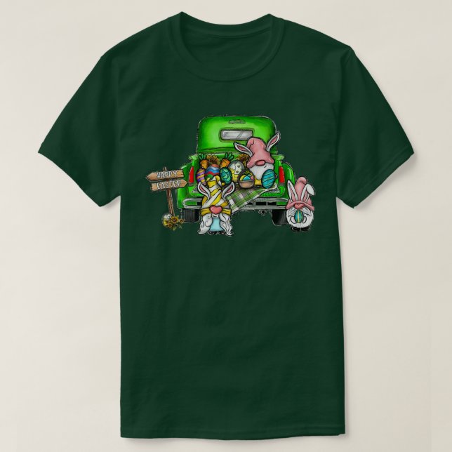 Cute gnomes with Bunny ears Egg Hunting Truck Happ T-Shirt (Design Front)