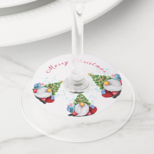 Cute Gnomes with Christmas Tree Hat and Gift _ Fun Wine Glass Tag
