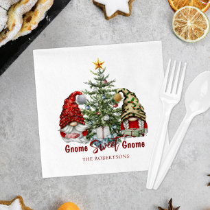 Cute Gnomes with Christmas Tree Holiday Napkins