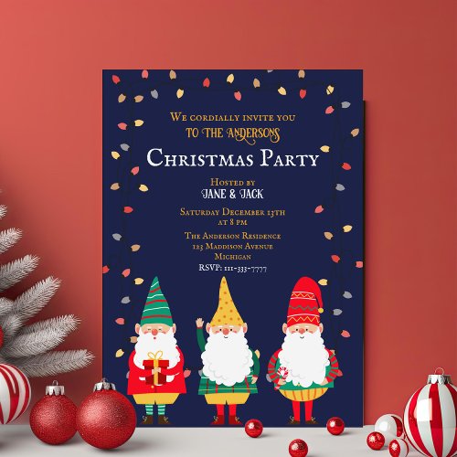 Cute Gnomes Xmas Lights Christmas Party Invitation
