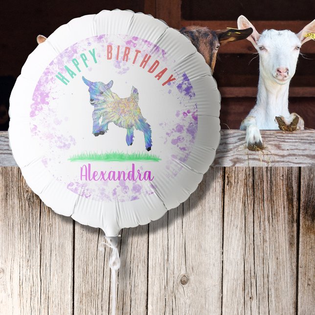 Cute Goat Birthday Party Personalized Balloon (Cute baby goat colorful farm animal watercolor art happy birthday balloon)