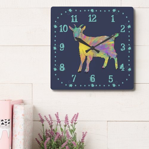 Cute Goat Colorful Farm Animal Art Square Wall Clock