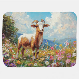 Cute Goat Colorful Wildflower Meadow Baby Blanket