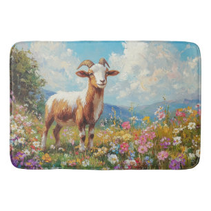 Cute Goat Colorful Wildflower Meadow Bath Mat