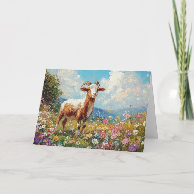 Cute Goat Colorful Wildflower Meadow Card (Front)