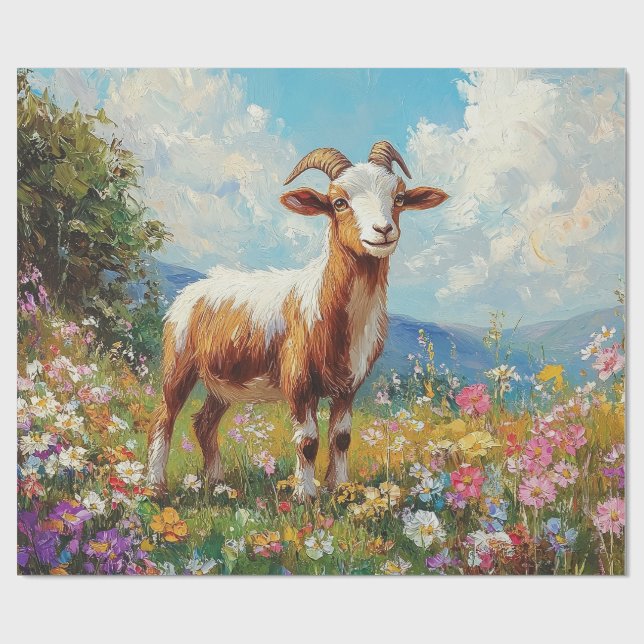 Cute Goat Colorful Wildflower Meadow Decoupage Wrapping Paper (Flat)