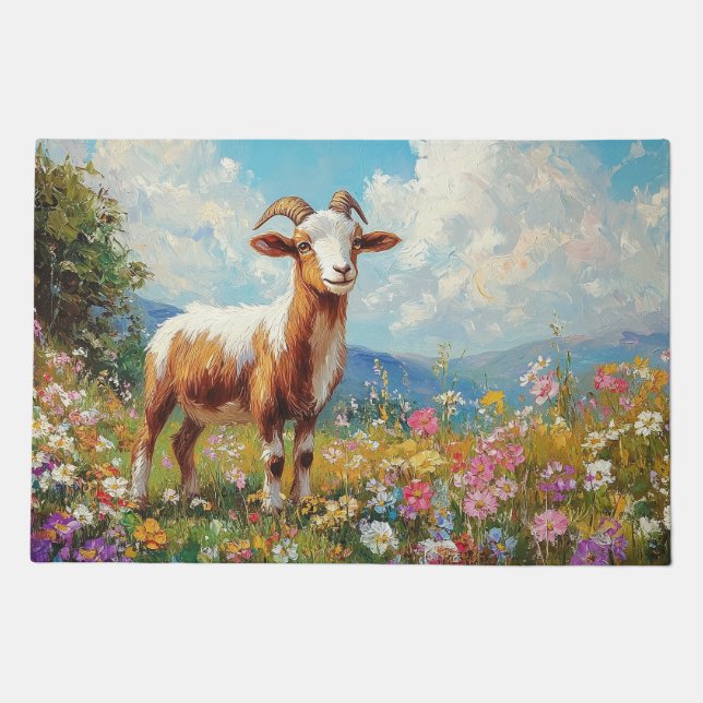 Cute Goat Colorful Wildflower Meadow Doormat (Front)