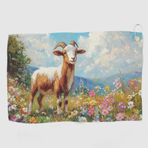 Cute Goat Colorful Wildflower Meadow Golf Towel