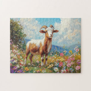 Cute Goat Colorful Wildflower Meadow Jigsaw Puzzle