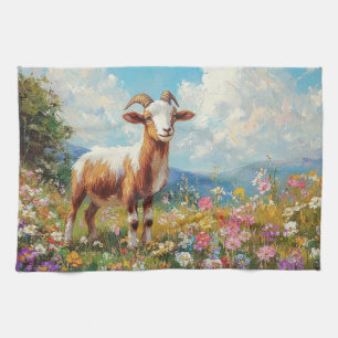 Cute Goat Colorful Wildflower Meadow Kitchen Towel