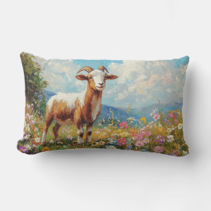 Cute Goat Colorful Wildflower Meadow Lumbar Pillow